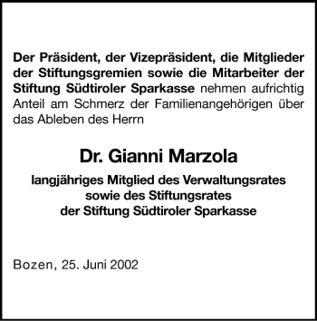 Traueranzeige von Gianni Marzola von Dolomiten