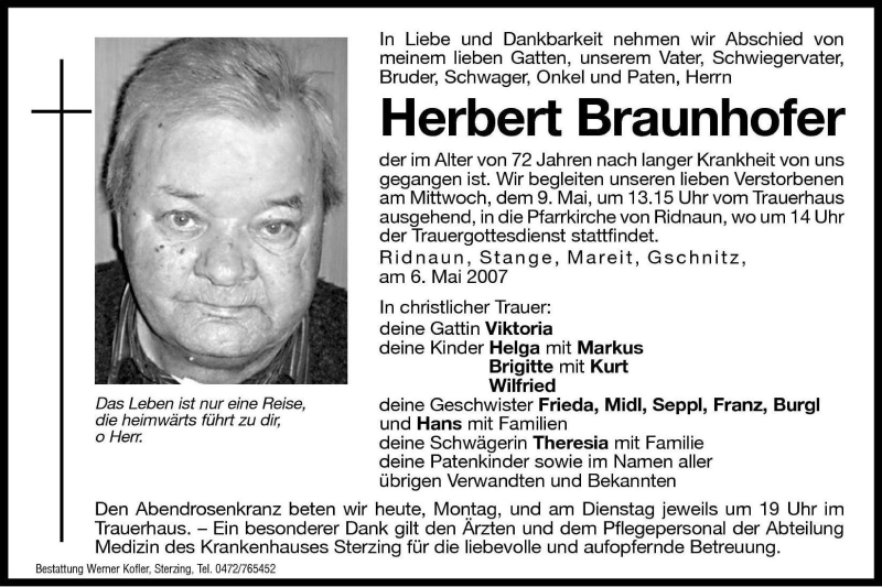  Traueranzeige für Herbert Braunhofer vom 07.05.2007 aus Dolomiten