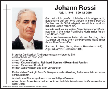 Traueranzeige von Johann Rossi von Dolomiten