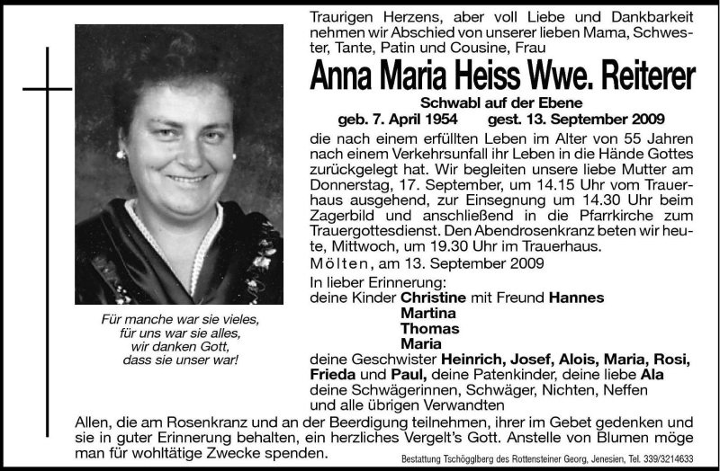  Traueranzeige für Anna Maria Reiterer vom 16.09.2009 aus Dolomiten