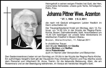 Traueranzeige von Johanna Arzenton von Dolomiten