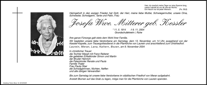  Traueranzeige für Josefa Mitterer vom 12.11.2004 aus Dolomiten