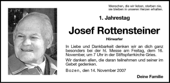 Traueranzeige von Josef Rottensteiner-Hörwarter von Dolomiten