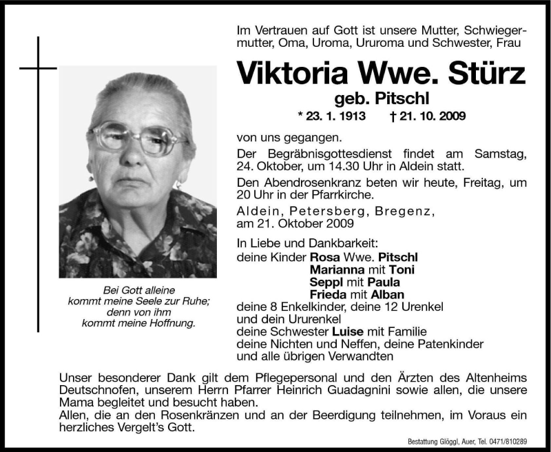  Traueranzeige für Viktoria Stürz vom 23.10.2009 aus Dolomiten