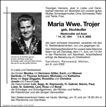 Traueranzeige von Maria Trojer von Dolomiten