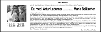 Traueranzeige von Artur Ladurner von Dolomiten