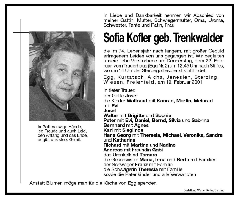  Traueranzeige für Sofia Kofler vom 21.02.2001 aus Dolomiten