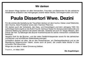 Traueranzeige von Paula Dezini von Dolomiten