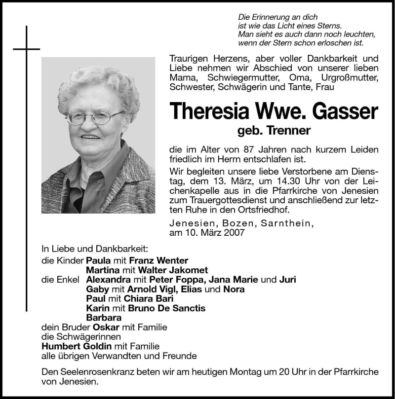  Traueranzeige für Theresia Gasser vom 12.03.2007 aus Dolomiten