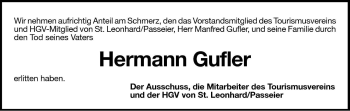 Traueranzeige von Hermann Gufler von Dolomiten