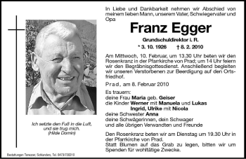 Traueranzeige von Franz Egger von Dolomiten