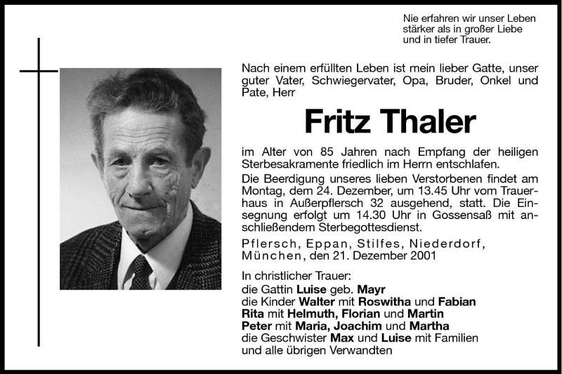  Traueranzeige für Fritz Thaler vom 22.12.2001 aus Dolomiten