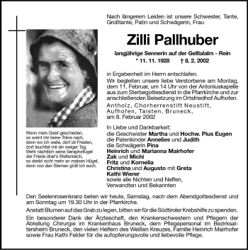 Traueranzeige von Zilli Pallhuber von Dolomiten