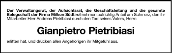 Traueranzeige von Gianpietro Pietribiasi von Dolomiten