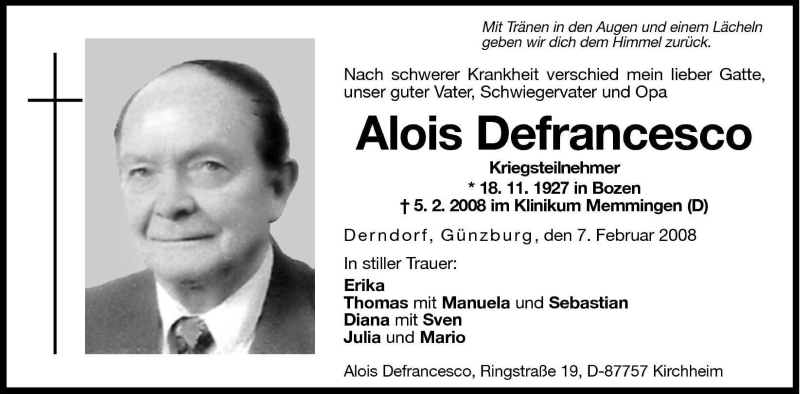  Traueranzeige für Alois Defrancesco vom 08.02.2008 aus Dolomiten