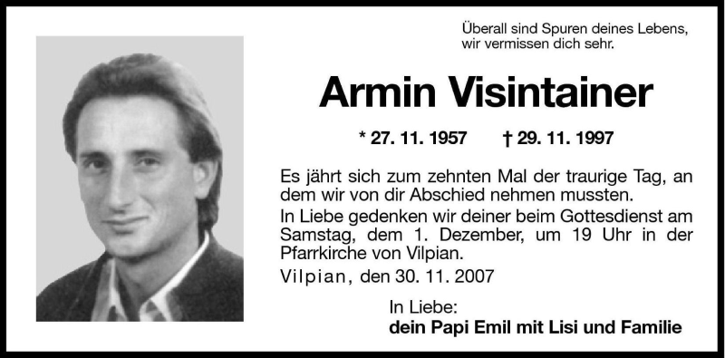  Traueranzeige für Armin Visintainer vom 30.11.2007 aus Dolomiten