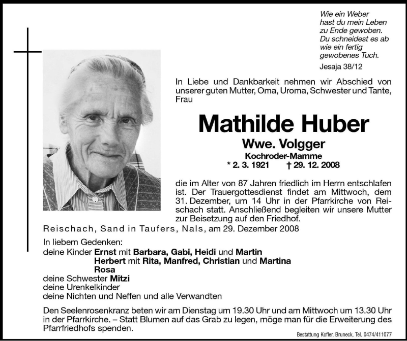  Traueranzeige für Mathilde Volgger vom 30.12.2008 aus Dolomiten