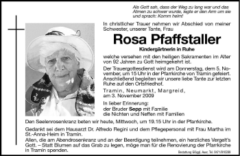 Traueranzeige von Rosa Pfaffstaller von Dolomiten