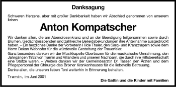 Traueranzeige von Anton Kompatscher von Dolomiten