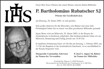 Traueranzeige von P. Bartholomäus Rubatscher SJ von Dolomiten