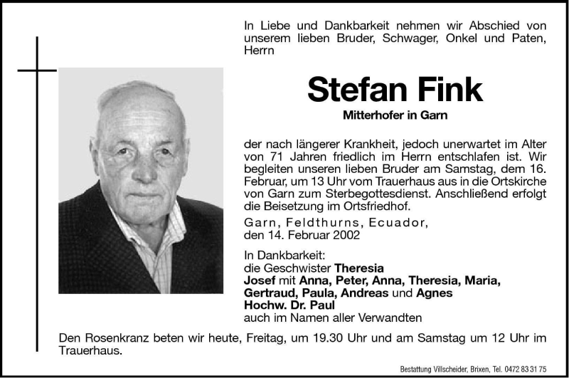  Traueranzeige für Stefan Fink vom 15.02.2002 aus Dolomiten
