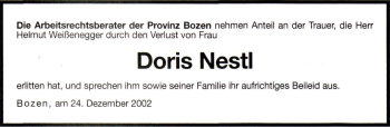 Traueranzeige von Doris Nestl Weißenegger von Dolomiten