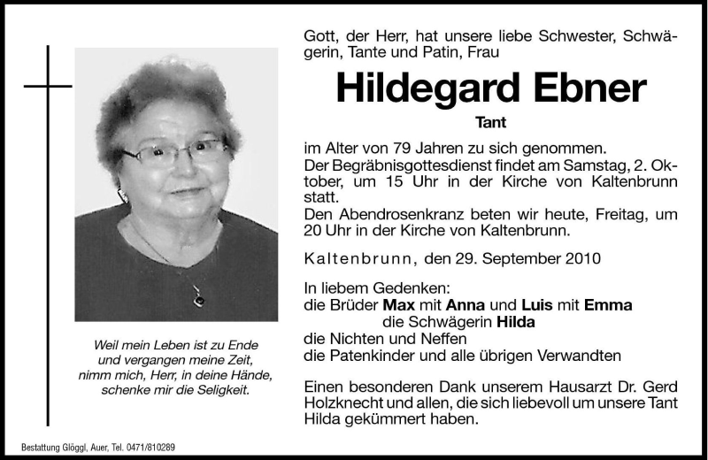 Traueranzeigen von Hildegard Ebner | Trauer.bz