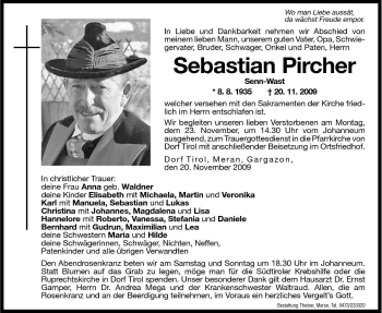Traueranzeige von Sebastian Pircher von Dolomiten