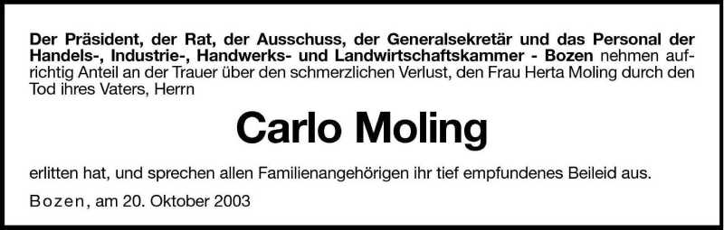  Traueranzeige für Carlo Moling vom 21.10.2003 aus Dolomiten