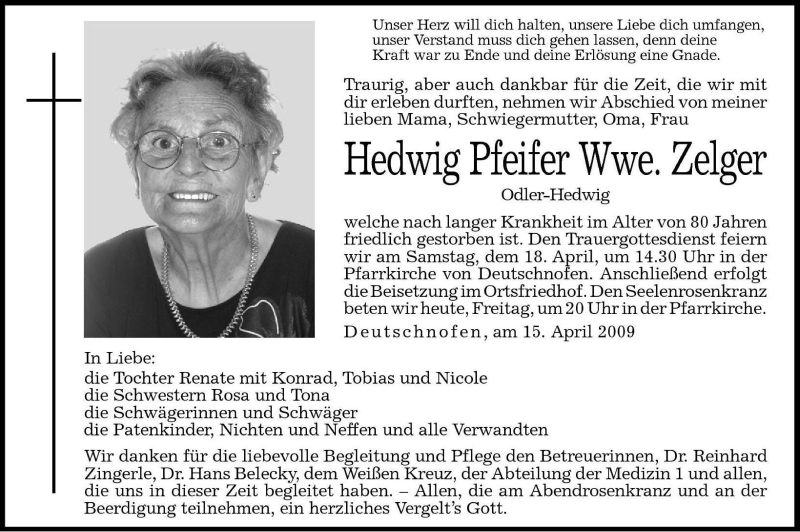  Traueranzeige für Hedwig Zelger vom 17.04.2009 aus Dolomiten