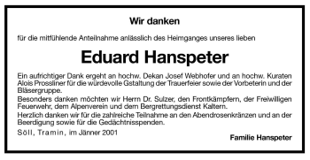 Traueranzeige von Eduard Hanspeter von Dolomiten