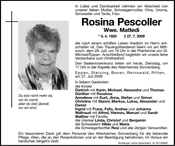 Traueranzeige von Rosina Mattedi von Dolomiten