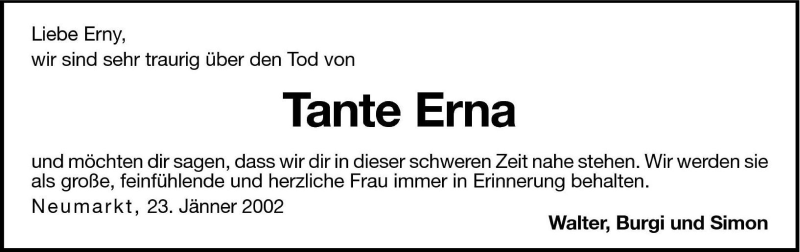  Traueranzeige für Tante Erna vom 23.01.2002 aus Dolomiten