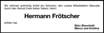 Traueranzeige von Hermann Frötscher von Dolomiten