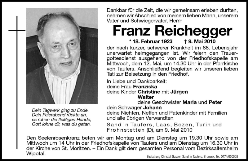  Traueranzeige für Franz Reichegger vom 10.05.2010 aus Dolomiten