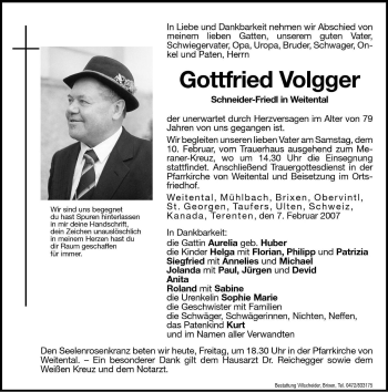 Traueranzeige von Gottfried Volgger von Dolomiten