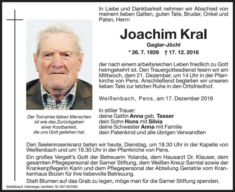  Traueranzeige für Joachim Kral vom 20.12.2016 aus Dolomiten