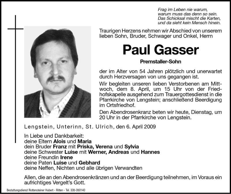  Traueranzeige für Paul Gasser vom 07.04.2009 aus Dolomiten