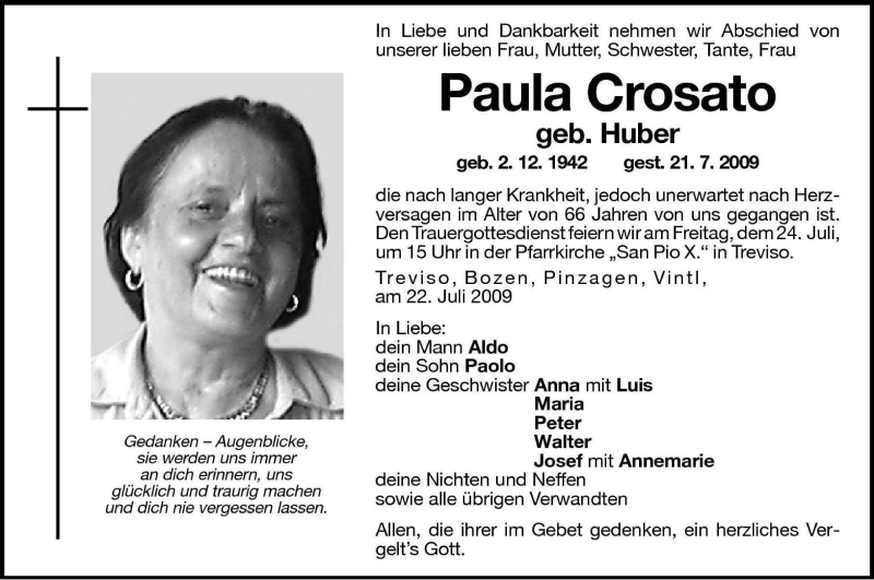  Traueranzeige für Paula Crosato vom 23.07.2009 aus Dolomiten