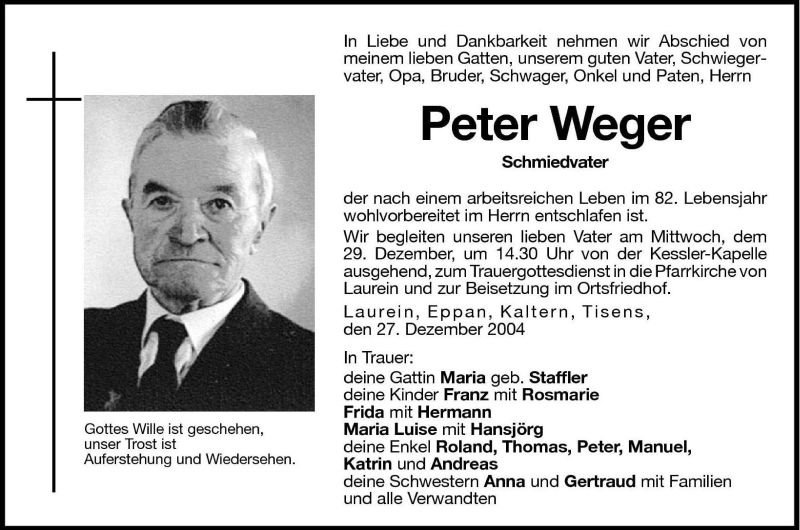 Traueranzeige für Peter Weger vom 28.12.2004 aus Dolomiten