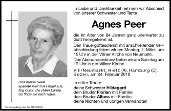 Traueranzeige von Agnes Peer von Dolomiten