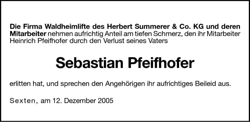  Traueranzeige für Sebastian Pfeifhofer vom 13.12.2005 aus Dolomiten