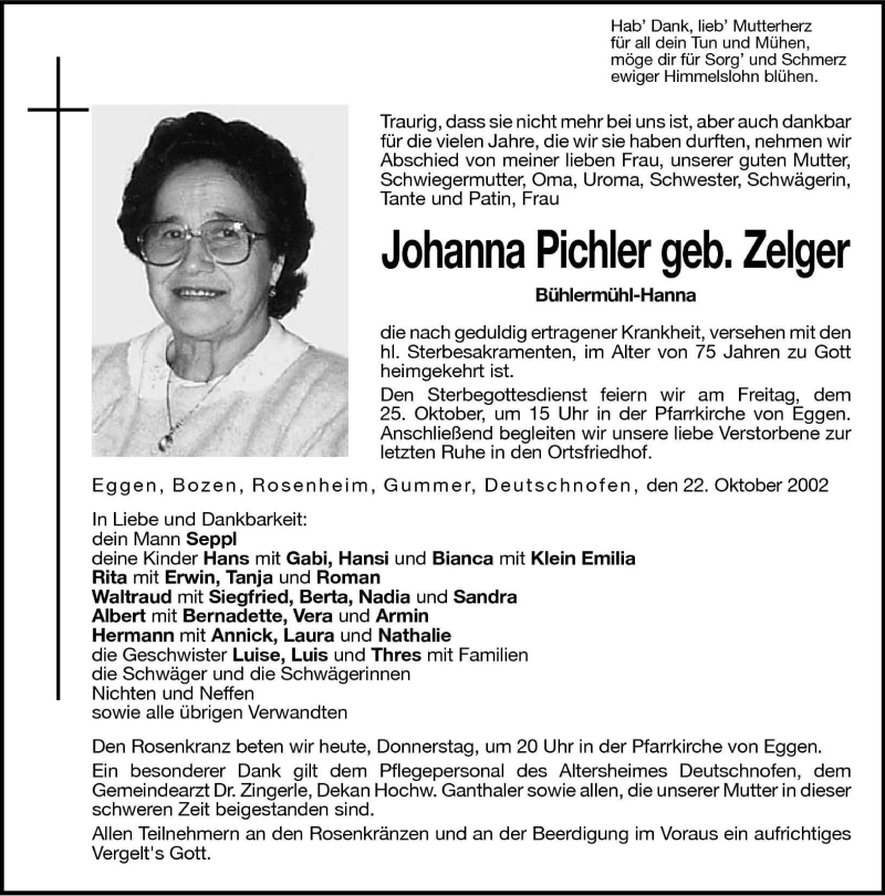  Traueranzeige für Johanna Pichler vom 24.10.2002 aus Dolomiten