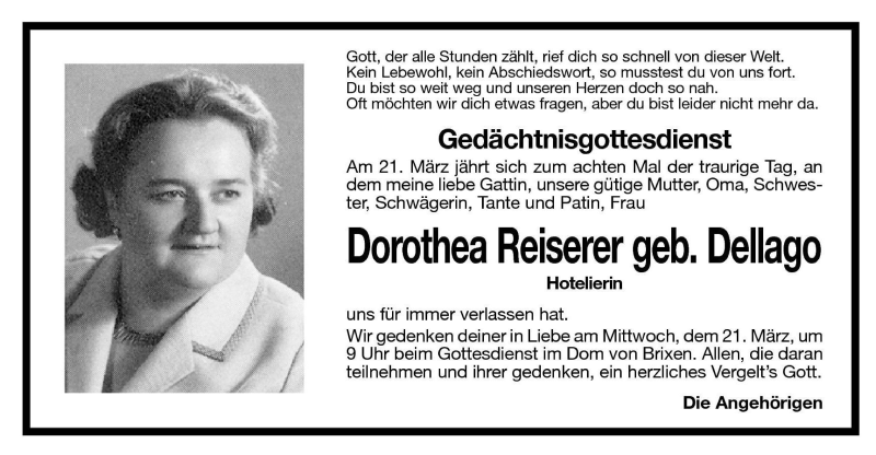  Traueranzeige für Dorothea Reiserer vom 20.03.2001 aus Dolomiten