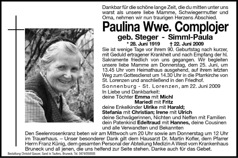  Traueranzeige für Paulina Complojer vom 24.06.2009 aus Dolomiten