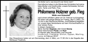 Traueranzeige von Philomena Holzner von Dolomiten