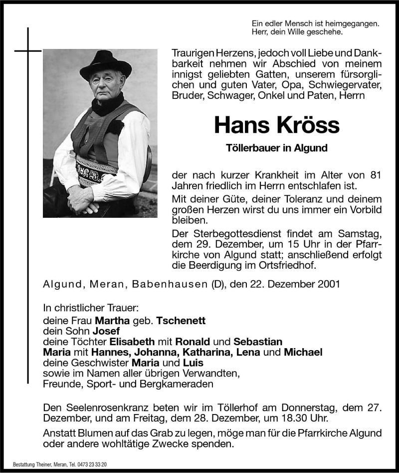  Traueranzeige für Hans Kröss vom 24.12.2001 aus Dolomiten