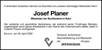 Traueranzeige von Josef Planer von Dolomiten