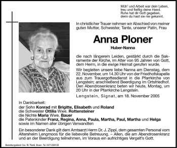 Traueranzeige von Anna Ploner von Dolomiten