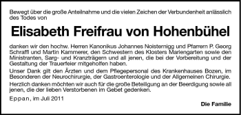 Traueranzeige von Elisabeth Freifrau von Hohenbühel von Dolomiten